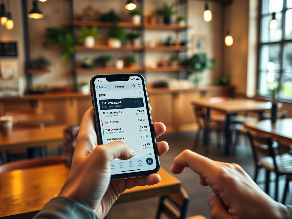 На изображении человек держит смартфон с открытым приложением для инвестирования в уютном кафе.