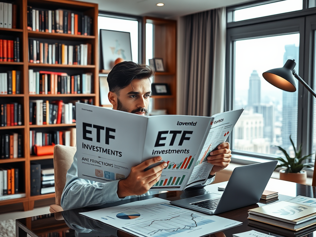 Мужчина читает журнал о инвестициях в ETF, сидя за столом в офисе с окнами, выходящими на город.